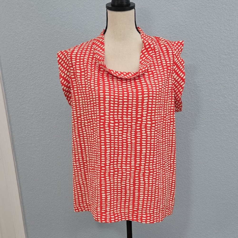 CAbi #294 Madeline Orangish/Red White Sleeveless Top Mock Neck Layering SZ Large